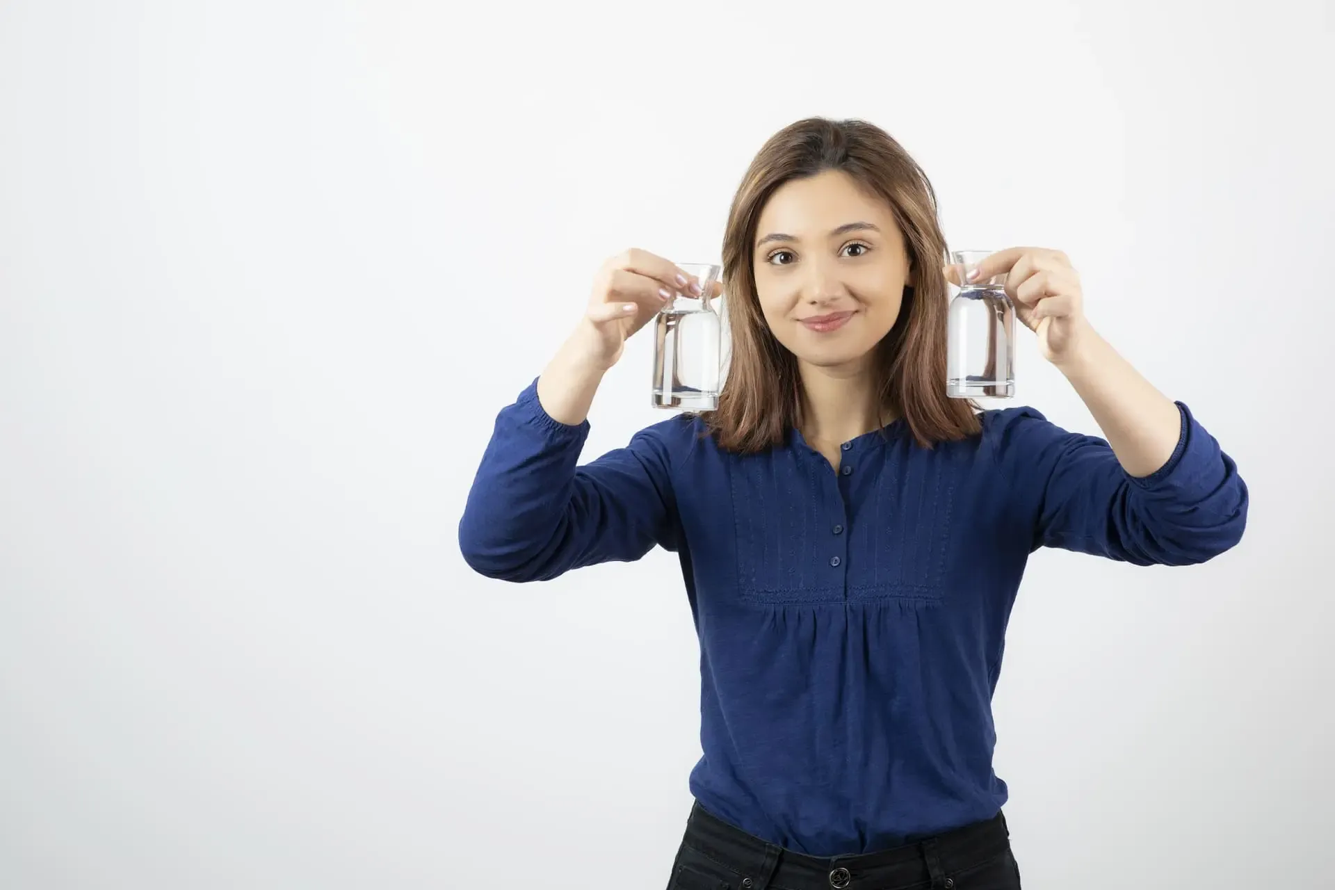 Beautiful Woman Blue Blouse Holding Glass Water White Background