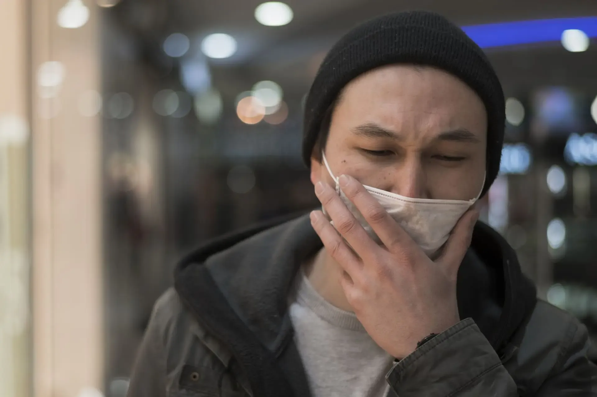 Front View Man Mall Coughing Medical Mask