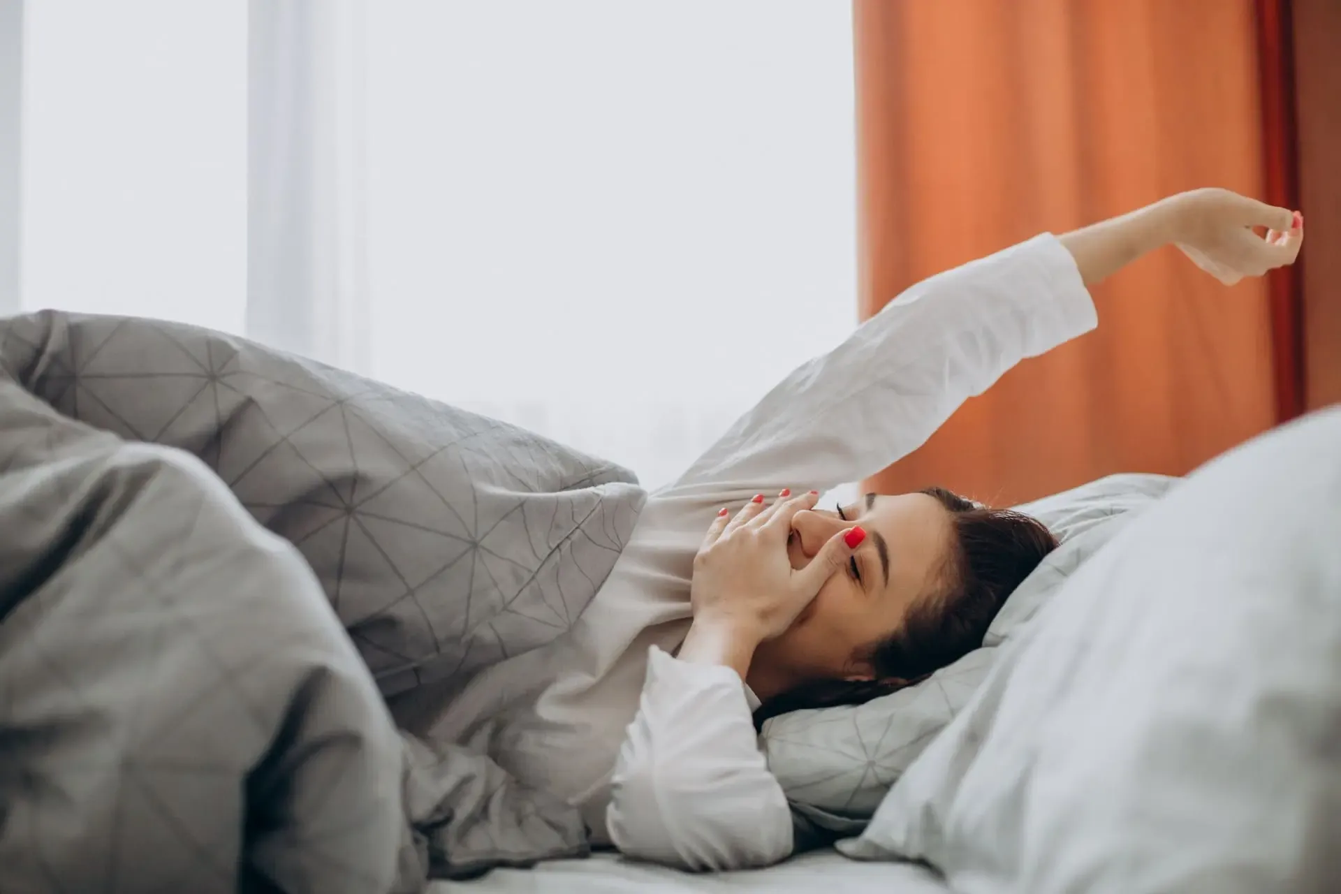 Woman Awake Stretching Her Bed Morning